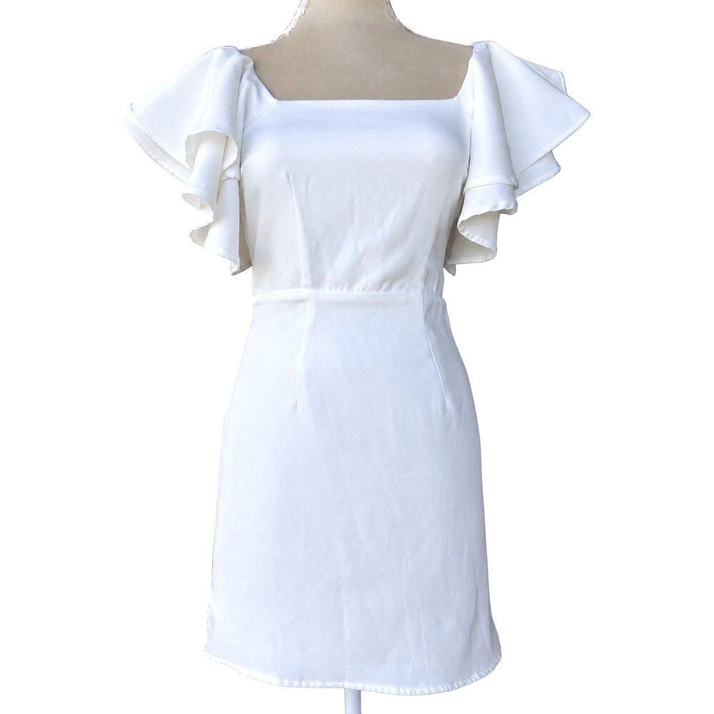 TCEC White Ruffle Flutter Sleeve Mini Dress S Square Neck Cocktail Minimalist